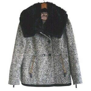 Juicy Couture Tweed Wool Jacket Women Large Black Faux Fur Removable Collar